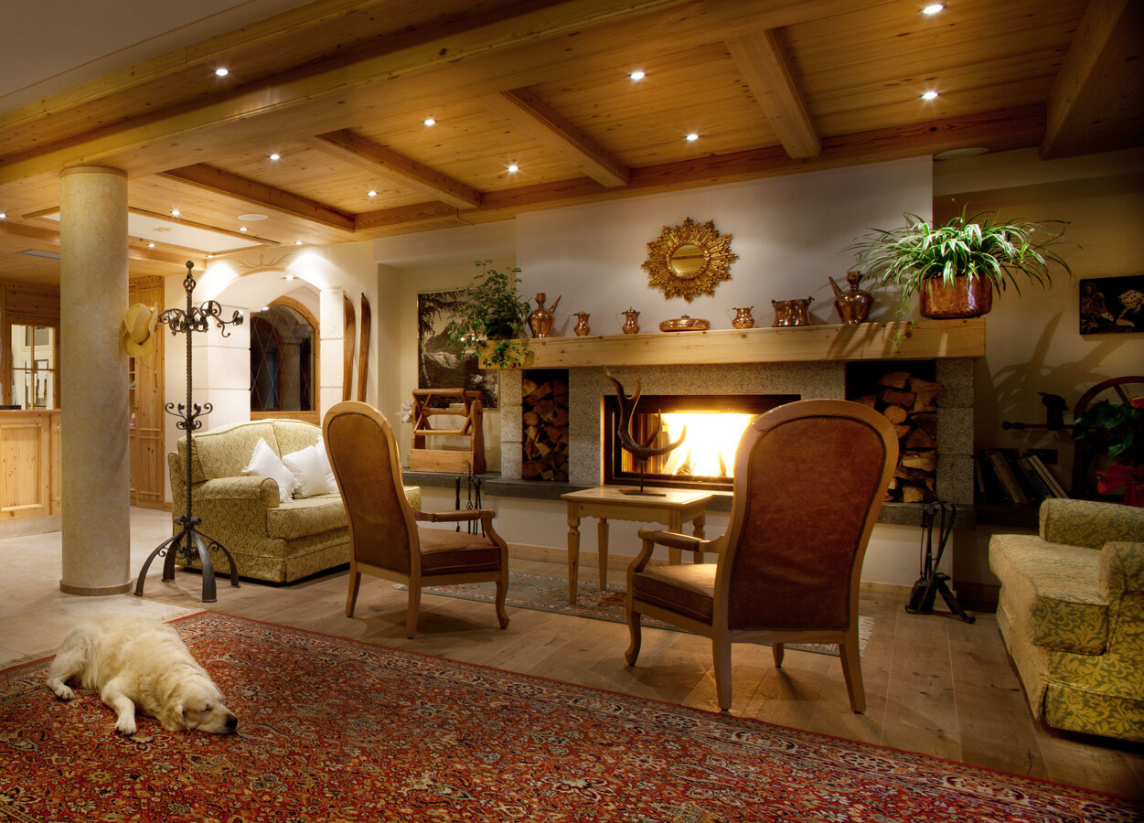 Gemütliches Wohnzimmer mit brennendem Kamin, klassischen Möbeln und Hund auf Teppich.