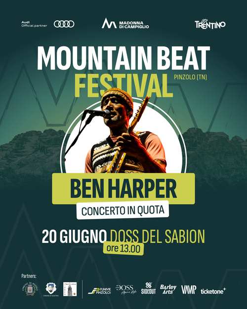 Locandina del Mountain Beat Festival con Ben Harper in concerto a Pinzolo il 20 giugno.
